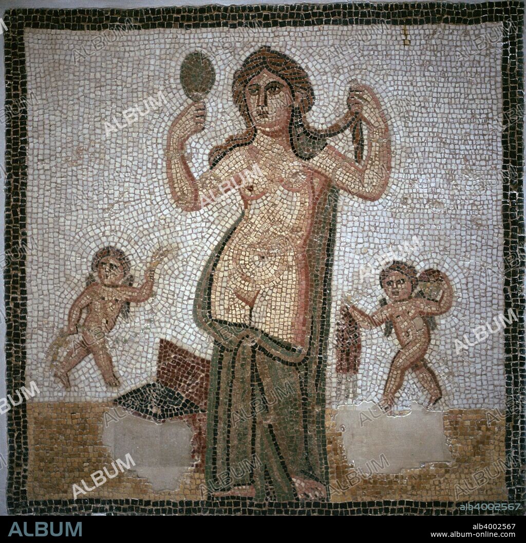 Roman mosaic showing the toilette of Venus with cupids. From Thuburbo Maius, Tunisia. Now in the Bardo Museum's collection in Tunis, 3rd century.