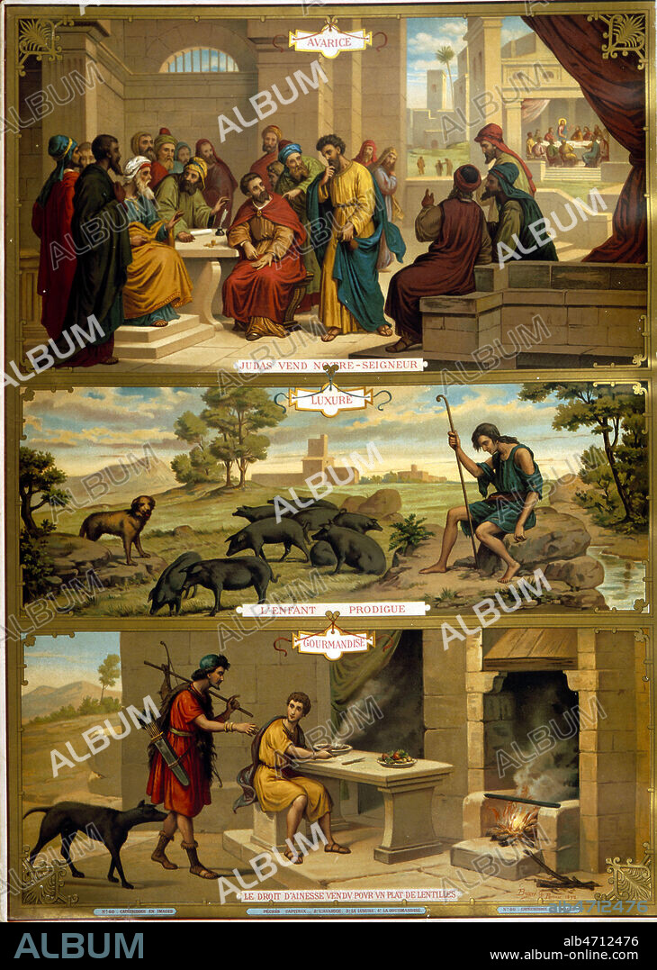 Les peches capitaux : l'avarice, la luxure et la gourmandise. Illustration tiree du Catechisme en images edite par la maison de la bonne pressse a la fin du 19eme s. Credit : Collection KHARBINE-TAPABOR.