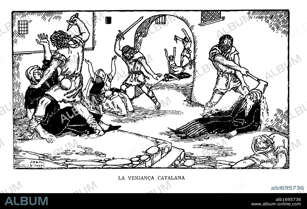 La venganza catalana por parte de los almogávares. Historia popular de Catalunya, de Alfons Roure. Editada en Barcelona, 1919. Dibujo de Joan Vila i Pujol (Joan d'Ivori) (Barcelona, 1890-1947).