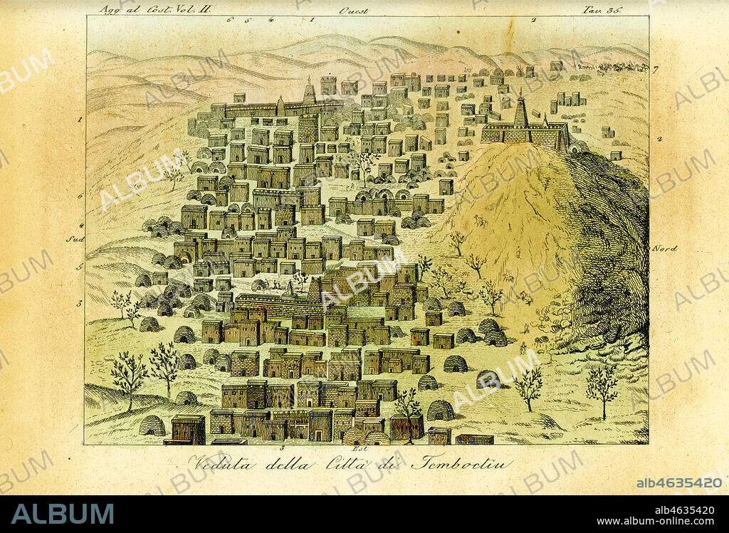 View of the city of Timbuktu, Mali. Drawn by the French explorer Auguste Rene Caillie in 1828. Handcoloured copperplate engraving from Giulio Ferrario's Costumes Ancient and Modern of the Peoples of the World, Florence, 1834.