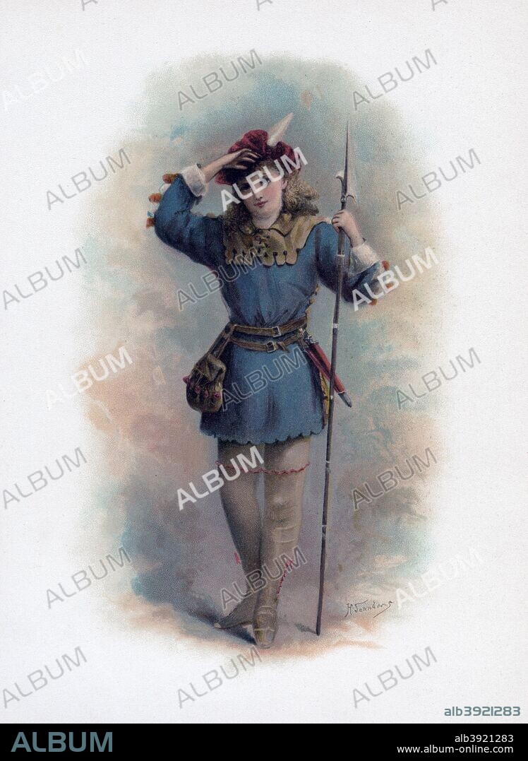 'Rosalind', 1891. A character from As You Like It wearing men's clothes. A colour lithograph from Shakespeare's Heroes and Heroines after Sir A Callcott, C R Leslie, D Maclise, A Redgrave, S Hart & C, published by Raphael Tuck & Sons, (London, 1891).