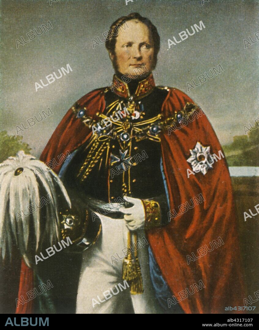 Friedrich Wilhelm IV, (1936). Portrait of King Frederick William IV (1795-1861), the eldest son and successor of Frederick William III of Prussia, reigned as King of Prussia from 1840 to 1861. From "Bilder Deutscher Geschichte", (Pictures of German History), No.12, cigarette card album. [Cigaretten-Bilderdienst, Altona-Bahrenfeld, Hamburg, Germany, 1936].