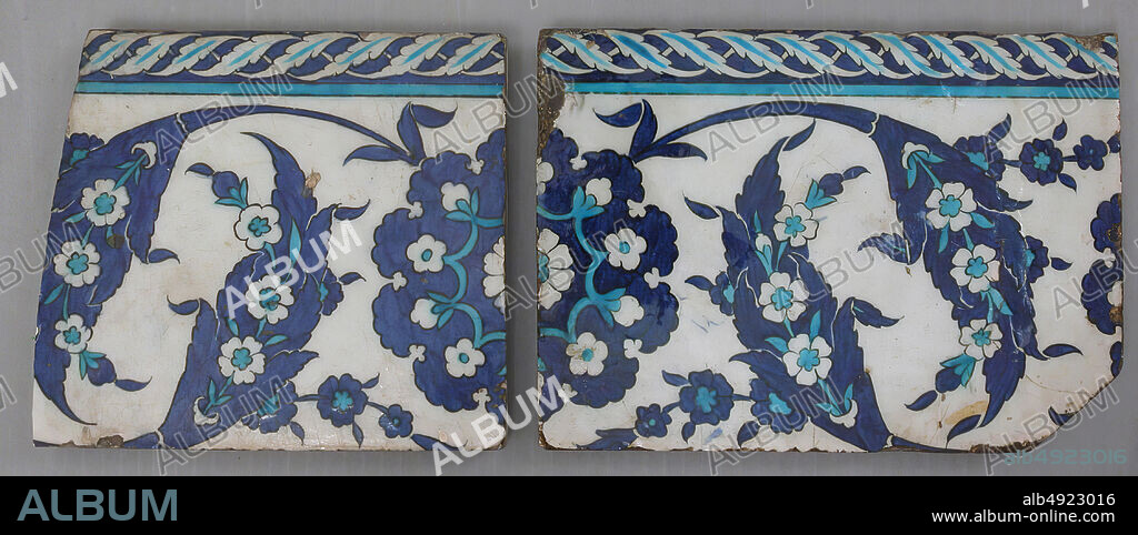 Border Tiles with 'Saz' Leaf Design, Tiles from a frieze, 16th century, Attributed to Turkey, Iznik, Stonepaste; polychrome painted under transparent glaze, Tile a: H. 6 11/16 in. (17 cm), W. 9 1/4 in. (23.5 cm), D. 7/8 in. (2.2 cm), Tile b: H. 6 5/8 in. (16.8 cm), W. 7 1/2 in. (19.1 cm), D. 1 in. (2.5 cm), Ceramics-Tiles.