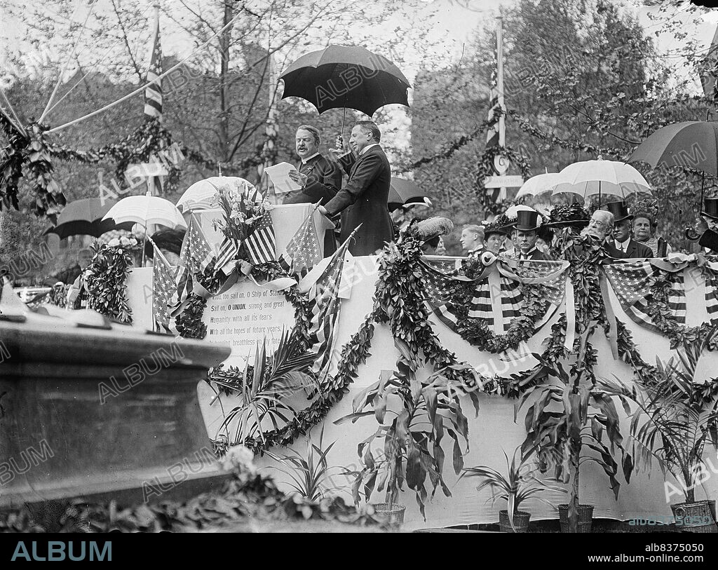 HARRIS & EWING. Dedication of Henry Wadsworth Longfellow Statue, Rev. Alexander Mackey Smith And Rev. Charleswood; Gen. Greeley Seated Near Right, May 1909. Alexander Mackay-Smith giving a speech at the unveiling of the Henry Wadsworth Longfellow Memorial in Washington D.C. The bronze statue was designed by William Couper and Thomas Ball. On the dais, decorated with flags and greenery, is a plaque with lines from 'The Ship of State', one of Longfellow's poems: 'Thou, too, sail on, O Ship of State! Sail on, O UNION, strong and great! Humanity with all its fears, With all the hopes of future years, Is hanging breathless on thy fate!'. Polar explorer Adolphus Greely (with beard) is seated at right].