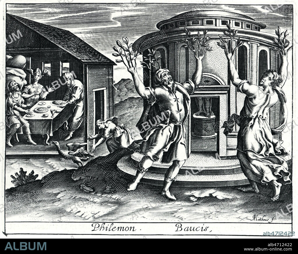 Philemon et Baucis: un vieux couple de paysans sont transformes a leur mort en Chene et en Tilleul par Zeus pour les remercier de leur hospitalite envers les etrangers. Gravure de Jean MATHEUS actif vers 1620, 17eme siecle. Credit COllection Kharbine Tapabor.