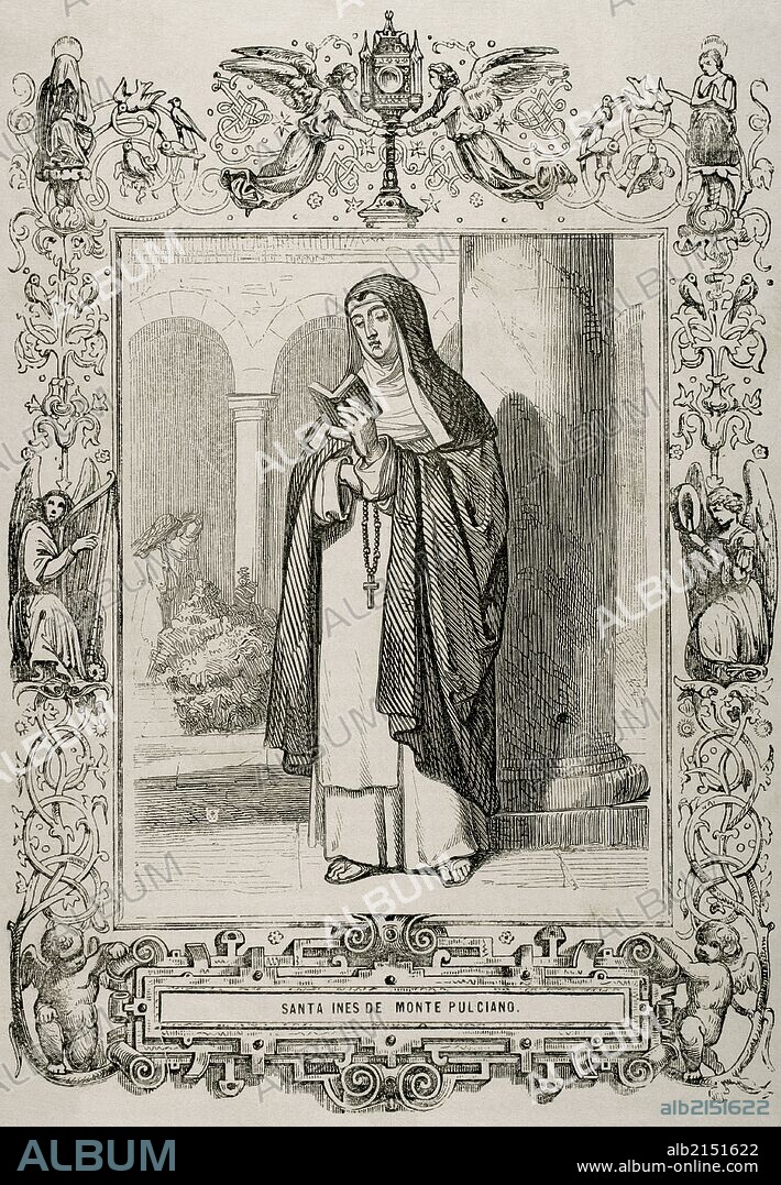 Santa Inés de Montepulciano, en vida Inés Segni, (1268-1317). Abadesa de la orden de Santo Domingo, beatificada en 1608 y canonizada en 1726. Grabado de Capuz en "El Año Cristiano", 1852.