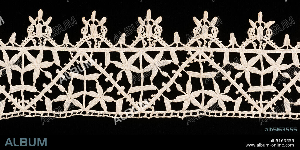 Border, Medium: linen Technique: grid of laid cords with needle lace, reticella style, Strip of reticella insertion and border, made separately and stitched together. Insertion design has zigzag lines setting off triangular areas which have rosettes., Italy, 16th17th century, lace, Border.