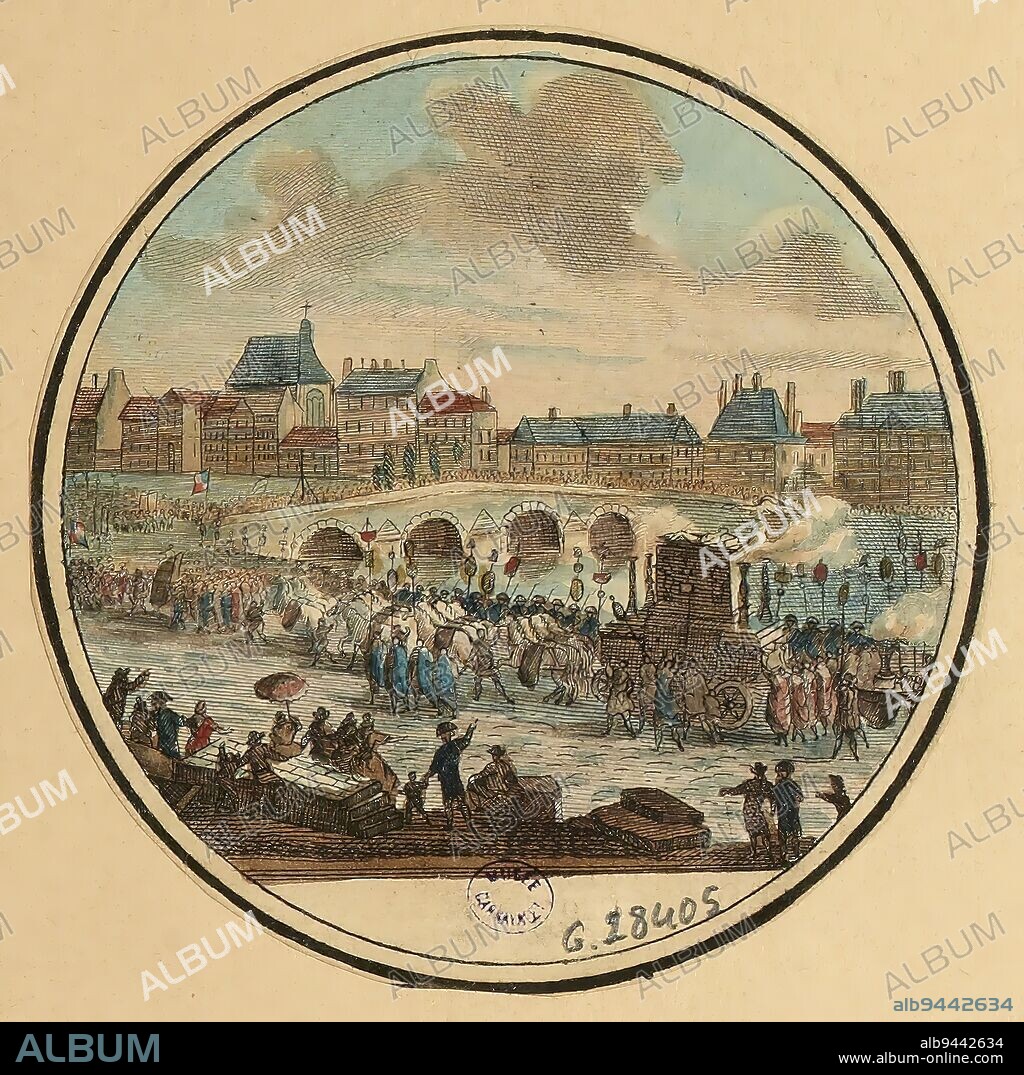 11 JULY. Apotheosis of Voltaire. The Assembly Nle. had decreed on May 30, anniversary of the death of Voltaire (...), Lorent or Laurent, Jean-François, Draughtsman, Jacowick, G., Engraver, Maillart, Philippe Joseph, Engraver, Chateigner, Editor, In 1791, Graphic arts, French Revolution, Print, Etching, Diameter: 9 cm.
