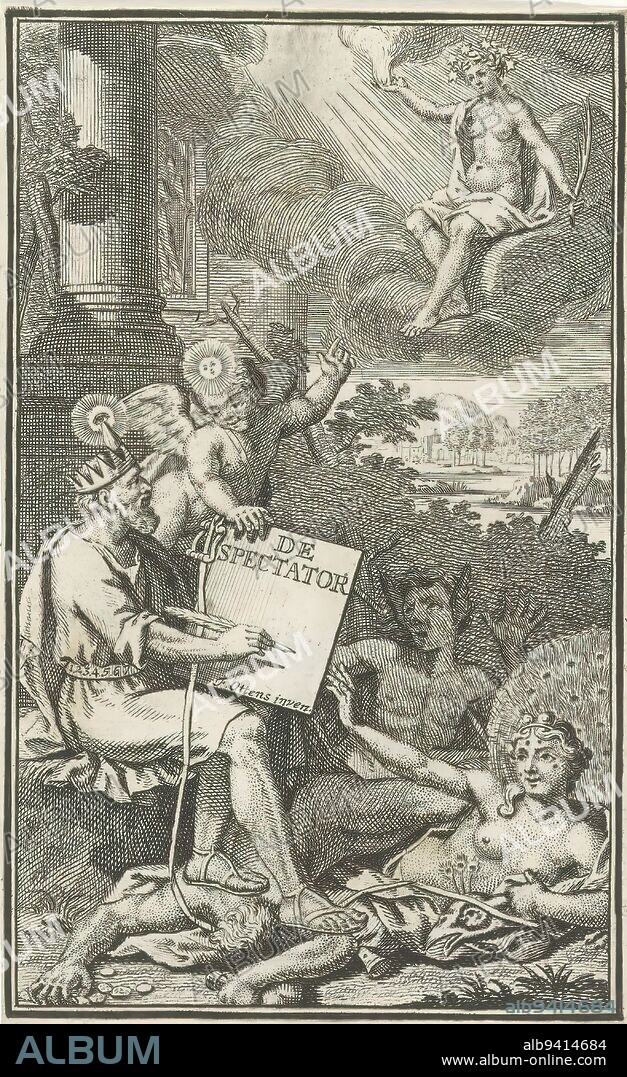 Allegorical representation with crowned man, putti and woman with starry crown, The Spectator (title on object), Title page for: Joseph Addison and Richard Steele, The Spectator, or Risen Socrates, s.a., A crowned man with feather and writing tablet in hand, trampled figures including a woman with peacock (possibly Pride), Midas with donkey ears (Greed) and a man with a moneybag. On the man's crown a flame and the all-seeing eye. Near him, a putto with sun on head points toward sky where a woman with palm branch and crown of stars sits on clouds., print maker: anonymous, after design by: Frederik Ottens, (mentioned on object), publisher: Hermanus Uytwerf, (possibly), 1731 - 1743, paper, etching, engraving, height 131 mm × width 81 mm.