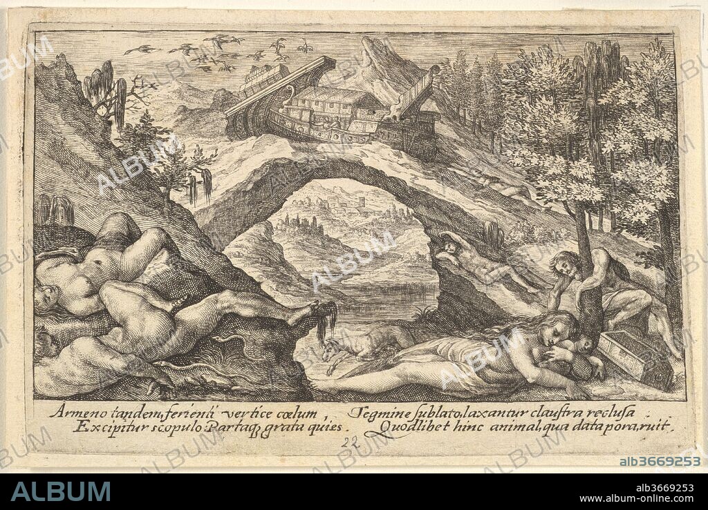 Aftermath of the Flood: human bodies strewn on dry land in the foreground, Noah's ark moored on a rocky outcrop beyond, from a series of engravings for the 'Liber Genesis'. Artist: Crispijn de Passe the Elder (Netherlandish, Arnemuiden 1564-1637 Utrecht). Dimensions: Sheet: 3 1/2 x 5 5/16 in. (8.9 x 13.5 cm)
Plate: 3 5/16 x 5 1/16 in. (8.4 x 12.9 cm). Series/Portfolio: Series of engravings for the 'Liber Genesis'. Date: 1612.