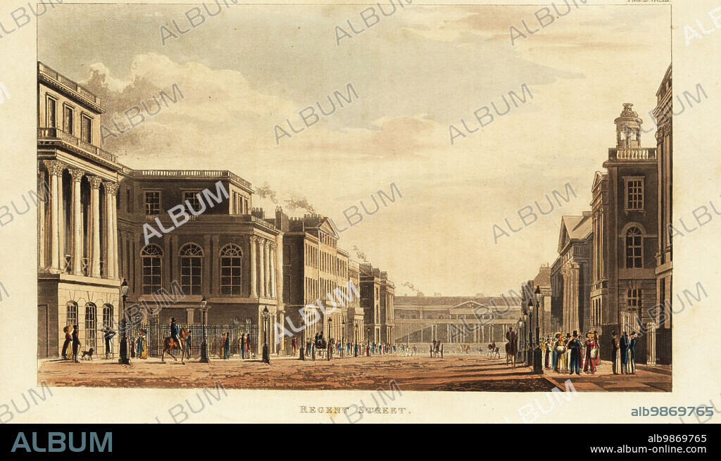 View looking south down Regent Street to the Prince Regents palace Carlton House, London. To the left, at the entrance to Charles Street (now Charles II Street), is the United Service Club-House. To the right are the portico and turret of Waterloo Chapel, designed by John Adey Repton, Warrens Hotel, etc. The street is lined with gas lit lamp-posts. Handcoloured copperplate engraving from Rudolph Ackermanns Repository of Arts, Literature, Fashions, Manufactures, etc., Strand, London, 1822.