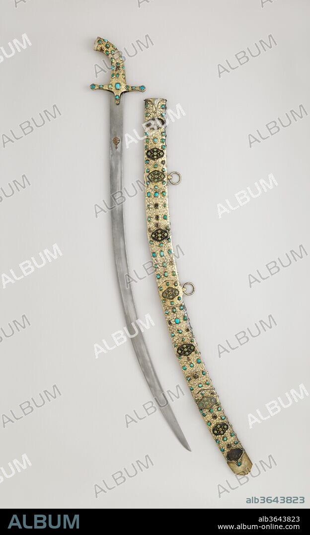 Scimitar with Scabbard. Culture: Hilt and scabbard, Turkish; Blade, Iranian. Dimensions: H. with scabbard 42 1/16 in. (106.8 cm); H. without scabbard 40 1/8 in. (101.9 cm); H. of blade 35 in. (88.9 cm); Wt. 4 lb. 4 oz. (1928 g); Wt. of scabbard 2 lb. (906 g). Date: late 16th-17th century.
This is a typical Ottoman presentation saber of the seventeenth century. Many similar weapons, as well as shields and complete horse trappings similiarly mounted in silver-gilt and set with jade plaques and turquoise, were taken as booty after the unsuccessful Turkish seige of Vienna in 1683.