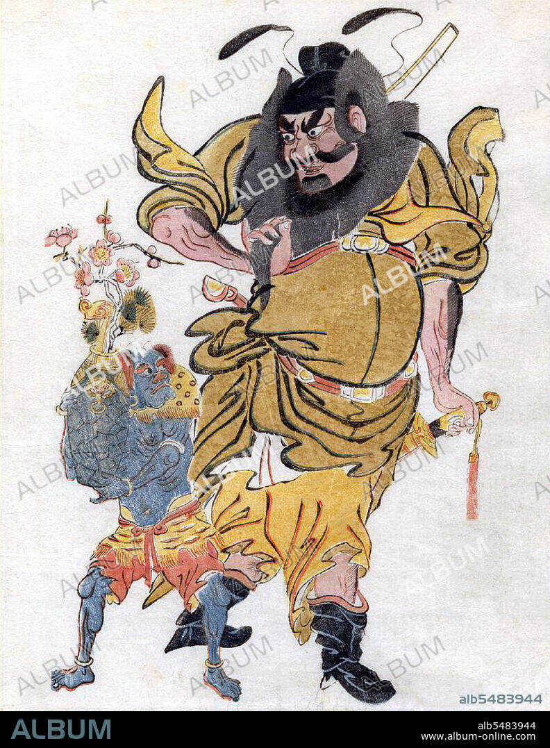 Zhong Kui (Wade-Giles: Chung Kwei, Japanese: Shoki) is a figure of Chinese mythology. Traditionally regarded as a vanquisher of ghosts and evil beings, and reputedly able to command 80,000 demons, his image is often painted on household gates as a guardian spirit, as well as in places of business where high-value goods are involved. Zhong Kui's popularity in folklore can be traced to the reign of Emperor Xuanzong of Tang (712 to 756). According to Song Dynasty sources, once the Emperor Xuanzong was gravely ill. He had a dream in which he saw two ghosts. The smaller of the ghosts stole a purse from imperial consort Yang Guifei and a flute belonging to the emperor. The bigger ghost, wearing the hat of an official, captured the smaller ghost, tore out his eye and ate it. The bigger ghost then introduced himself as Zhong Kui. He said that he had sworn to rid the empire of evil. When the emperor awoke, he had recovered from his illness. So he commissioned the court painter Wu Daozi to produce an image of Zhong Kui to show to the officials. This was highly influential to later representations of Zhong Kui.