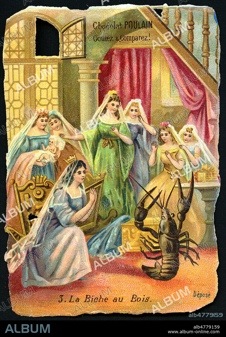 (La Fee de la Source, predit que la jeune princesse ne pourra voir la lumiere avant ses 15 ans). Illustration anonyme vers 1890 pour un chromo publicitaire de la serie La biche au bois d'apres le conte de Madame d'AULNOY (1650-1705). Credit : Coll. Jonas/Kharbine-Tapabor.