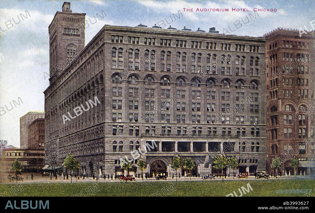 The Auditorium Building, Chicago, Illinois, USA, 1910. Postcard. Designed by Dankmar Adler and Louis Sullivan, Chicago's Auditorium Building was built in 1886-1890. It housed the Auditorium Theatre, that was home to the Chicago Symphony Orchestra until 1904, offices and a 400 room hotel. The theatre closed during the Depression and in 1946 Roosevelt University took over the building and still use it today. In 1967 the Auditorium Theatre reopened and in the late 1960s and early 1970s was Chicago's premier venue for rock concerts.