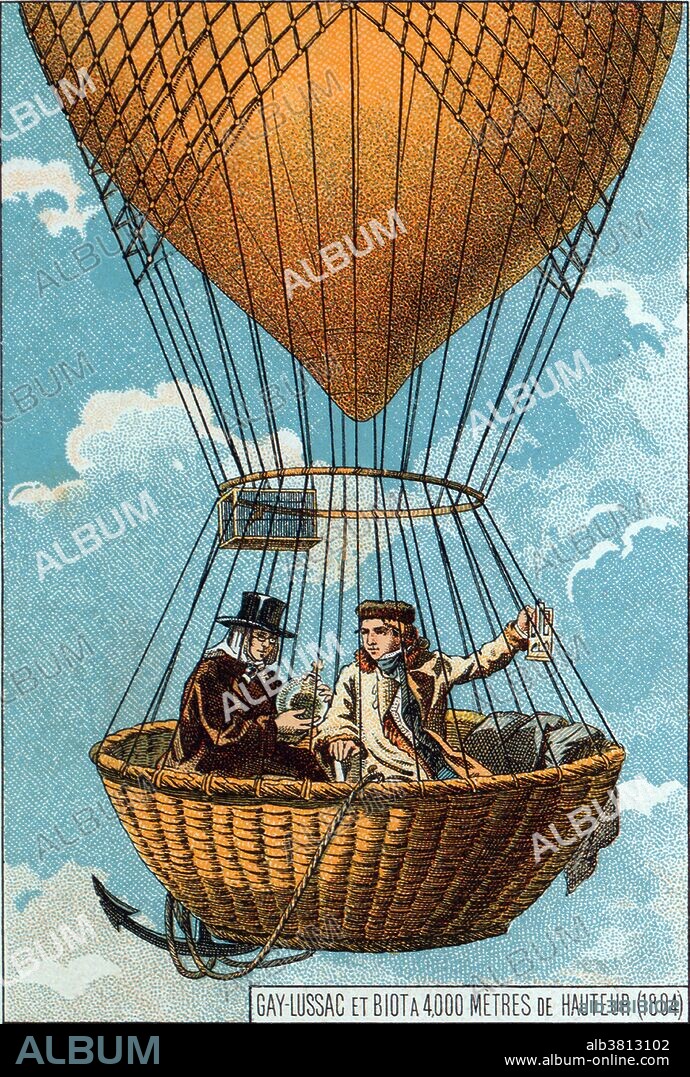 Gay-Lussac in a daring 1804 balloon ascent to investigate terrestrial magnetism and the composition of air at high altitude. Joseph Louis Gay-Lussac (1778-1850) was a French chemist and physicist known for his studies on the physical properties of gases. In 1804, Gay-Lussac and Jean-Baptiste Biot ascended to a height of approximately 13,000 feet to study variations in the Earth's electro-magnetic intensity relative to altitude. In a later solo ascent, he climbed to 23,000 feet (a record held for fifty years) and experienced the effects of oxygen deprivation but still managed to collect air samples, study the variation of pressure and temperature, and repeat his earlier electro-magnetic observations. He died in 1850 at the age of 71. Jean-Baptiste Biot (April 21, 1774 - February 3, 1862) was a French physicist, astronomer, and mathematician who established the reality of meteorites, made an early balloon flight, and studied the polarization of light. He lived to be 87 and died of natural causes.