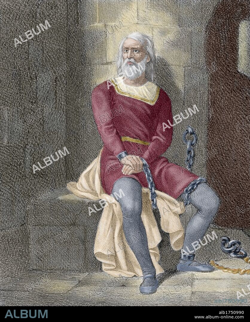 COLON, Cristóbal (¿Génova,1451? -Valladolid,1506). Navegante genovés al servicio de los Reyes Católicos. PRISION DE COLON, durante el tercer viaje, por orden del comendador Bobadilla en 1500. Grabado coloreado.