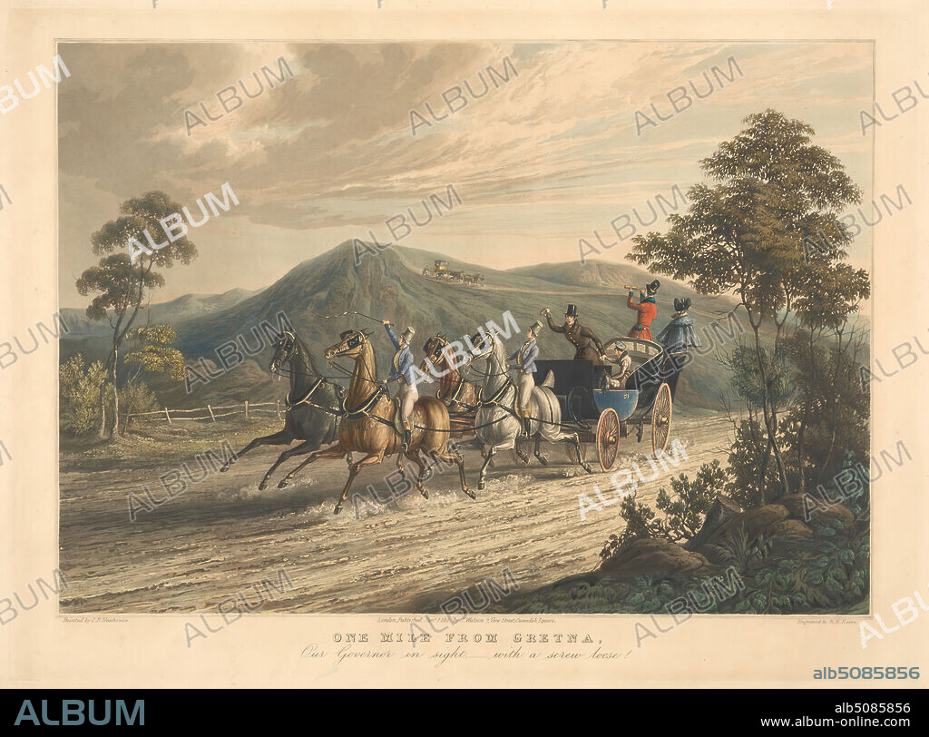 One Mile from Gretna, Our Governor in Sight, --with a screw loose!, Richard Gilson Reeve, 18031889, after Charles B. Newhouse, fl. c.18201836, British, 1836, Aquatint, hand-colored, Sheet: 13 1/8 x 17 3/4in. (33.3 x 45.1cm).