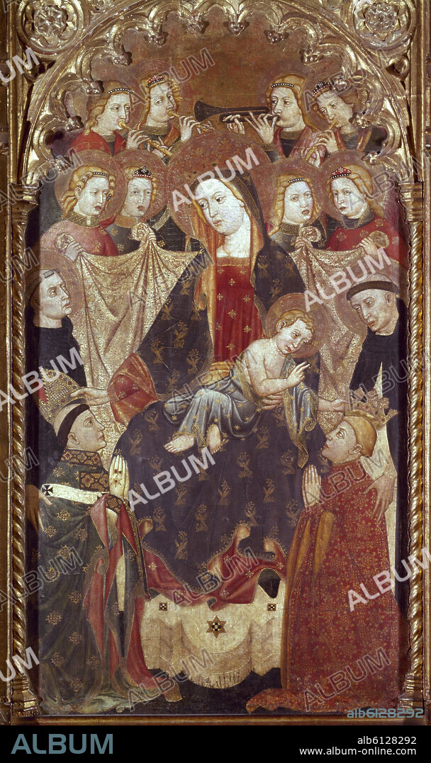 JUAN RODRÍGUEZ DE TOLEDO. TABLA CENTRAL DEL RETABLO DEL ARZOBISPO DON SANCHO DE ROJAS - JESUS NIÑO CORONA A FERNANDO IV - PROCEDE SAN BENITO EL REAL DE VALLADOLID - 1415-142O.