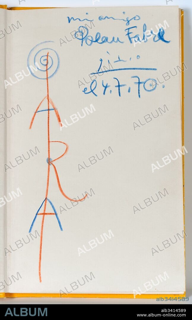 Pablo Picasso / "Dedicatoria sobre libro (El entierro del Conde Orgaz), 1970, Dibujo sobre libro, 11,8 x 19,1 cm.