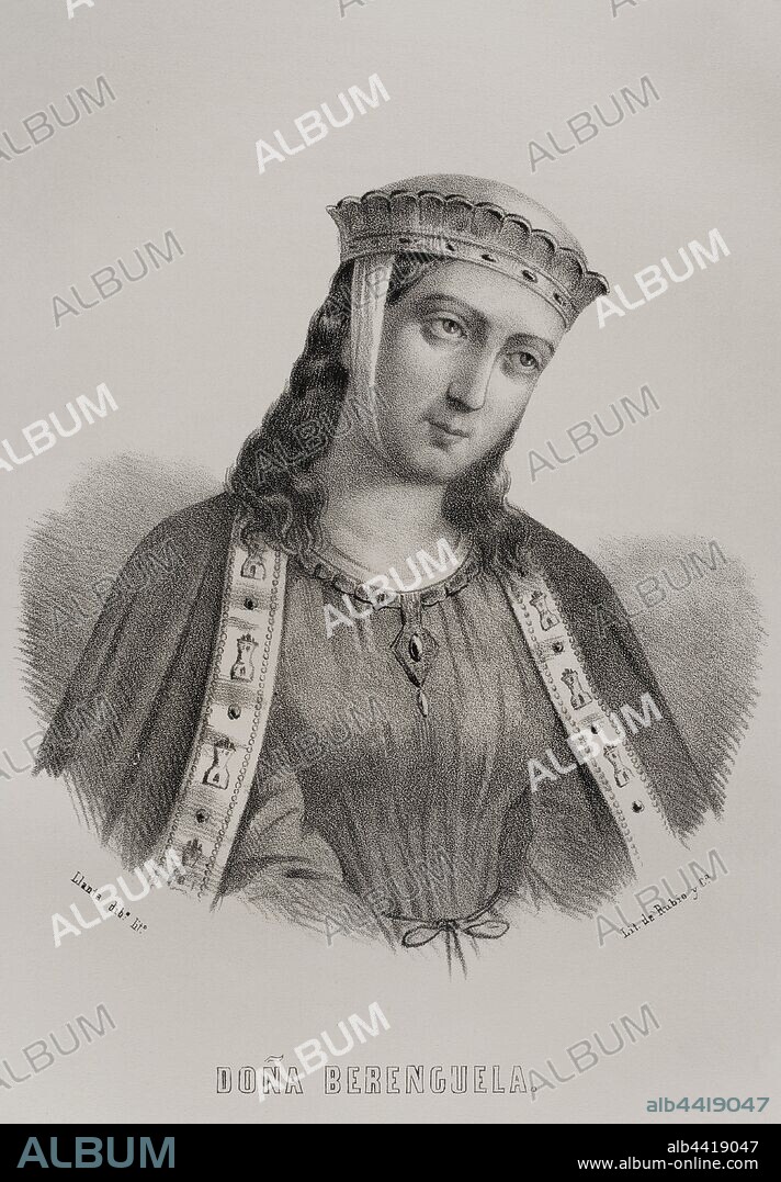 Berengaria (1180-1246). Queen of Castile and Queen consort of Leon. Portrait. Illustration by Llanta. Lithography. Cronica General de Espa–a. Historia Ilustrada y Descriptiva de sus Provincias. Galicia, 1866.