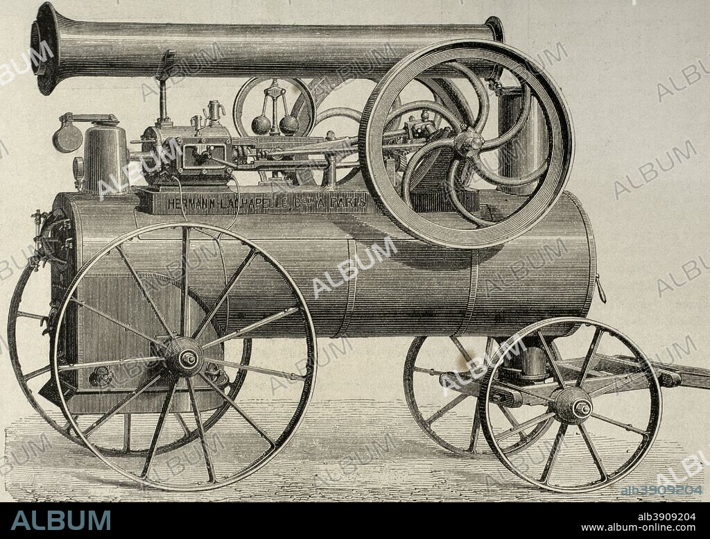 Máquina de vapor, horizontal, locomóvil y montada en tren de ruedas. Construida por el ingeniero y mecánico J. Hermann-Lachapelle. Grabado. La Ilustración Española y Americana, 1876. Biblioteca Histórico Militar de Barcelona. Cataluña, España.