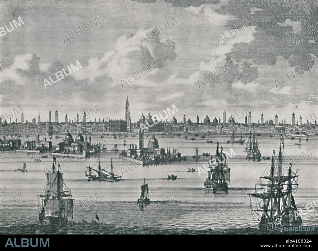 'Venice in the Early XVIIIth Century', (1925). Sailing ships in the lagoon in Venice, Italy. From Venice - Past and Present, text by Selwyn Brinton, M.A., edited by Geoffrey Holme. [The Studio Ltd., London, 1925].