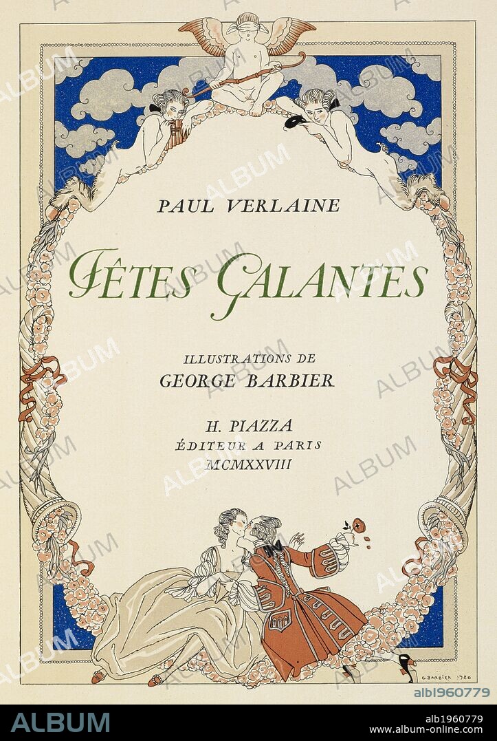 A man and woman kissing. FÃªtes galantes. [PoÃ¨mes]. Illustrations de George Barbier. Paris: H. Piazza, 1928. FÃªtes Galantes is an album consisting of romantic prints of French life among the upper classes of the 19th century. Rich aristocrats of the French court used to play gallant scenes from the commedia dellâ€™ arte that were called Fetes Galantes. The prints accompany Paul Verlaine's poetry. Each album contains 20 lithograph prints with pochoir highlighting by George Barbier. Source: L.45/2847, title page. Language: French.
