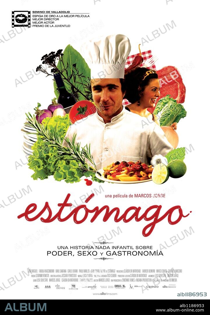 Poster de ESTOMAGO, 2007, dirigida por MARCOS JORGE. Copyright ZENCRANE FILMES/INDIANA PRODUCTION COMPANY.