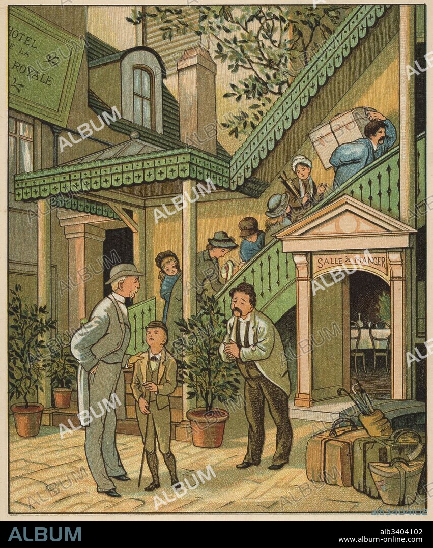 Victorian family checking into a hotel in Caen, Normandy. Colour woodblock after an illustration by Thomas Crane and Ellen Houghton from Abroad, Marcus Ward, London, 1882.