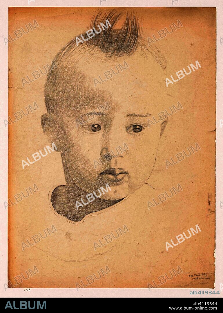 Kinderkopje met een rechtopstaand plukje haar. Zelfportretten van Cor van Teeseling (series title). Draughtsman: Cor van Teeseling. Dating: Aug-1941 - 19-Nov-1942. Place: Amsterdam. Measurements: h 36.0 cm × w 27.0 cm.