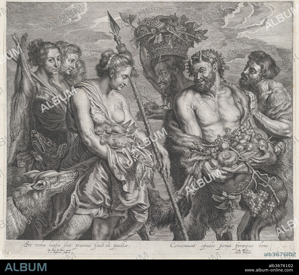 AFTER PETER PAUL RUBENS and SCHELTE ADAMS À BOLSWERT. Diana returning from the chase, accompanied by dogs and her nymphs at left, two satyrs at right. Artist: After Peter Paul Rubens (Flemish, Siegen 1577-1640 Antwerp); Schelte Adams à Bolswert (Dutch, Bolsward 1581-1659 Antwerp). Dimensions: Sheet (Trimmed): 12 3/8 × 14 1/8 in. (31.5 × 35.8 cm). Published in: Antwerp. Publisher: Gillis Hendricx (Flemish, active 1640-1677). Date: ca. 1640-59.
After the painting by Rubens and Brueghel in the J. Paul Getty Museum, Los Angeles.