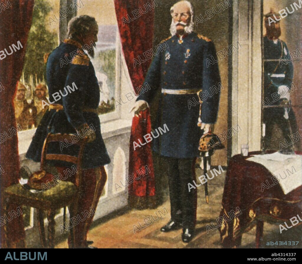 King Wilhelm and Emperor Napoleon after the Battle of Sedan, 2 September 1870, (1936). 'König Wilhelm Und Kaiser Napoleon Nach Der Schlacht Von Sedan, 2 September 1870'. Scene from the Franco-Prussian War. French emperor Napoleon III (1808-1873) surrendered the day after the town of Sedan in north-eastern France was surrounded by the Prussian army. Here Napoleon is granted a meeting with Wilhelm I, Emperor of Germany and King of Prussia (1797-1888). From "Bilder Deutscher Geschichte", (Pictures of German History), No.12, cigarette card album. [Cigaretten-Bilderdienst, Altona-Bahrenfeld, Hamburg, Germany, 1936].