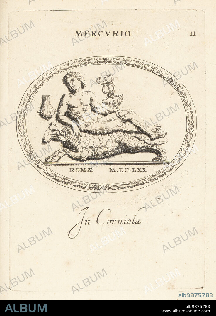 Naked Mercury with his caduceus riding a ram. Mercurio cum Ariete in corniola. Romae MDCLXX. Copperplate engraving by Giovanni Battista Galestruzzi after Leonardo Agostini from Gemmae et Sculpturae Antiquae Depicti ab Leonardo Augustino Senesi, Abraham Blooteling, Amsterdam, 1685.