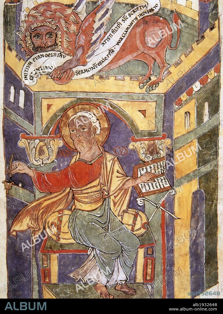 SAN MARCOS EVANGELISTA. Miniatura del siglo XI del "LIBRO DEL EVANGELIO" donde se representa a SAN MARCOS ESCRIBIENDO EL SEGUNDO EVANGELIO, acompañado del símbolo del tetramorfo, EL LEON. BIBLIOTECA VATICANA. Ciudad del Vaticano.