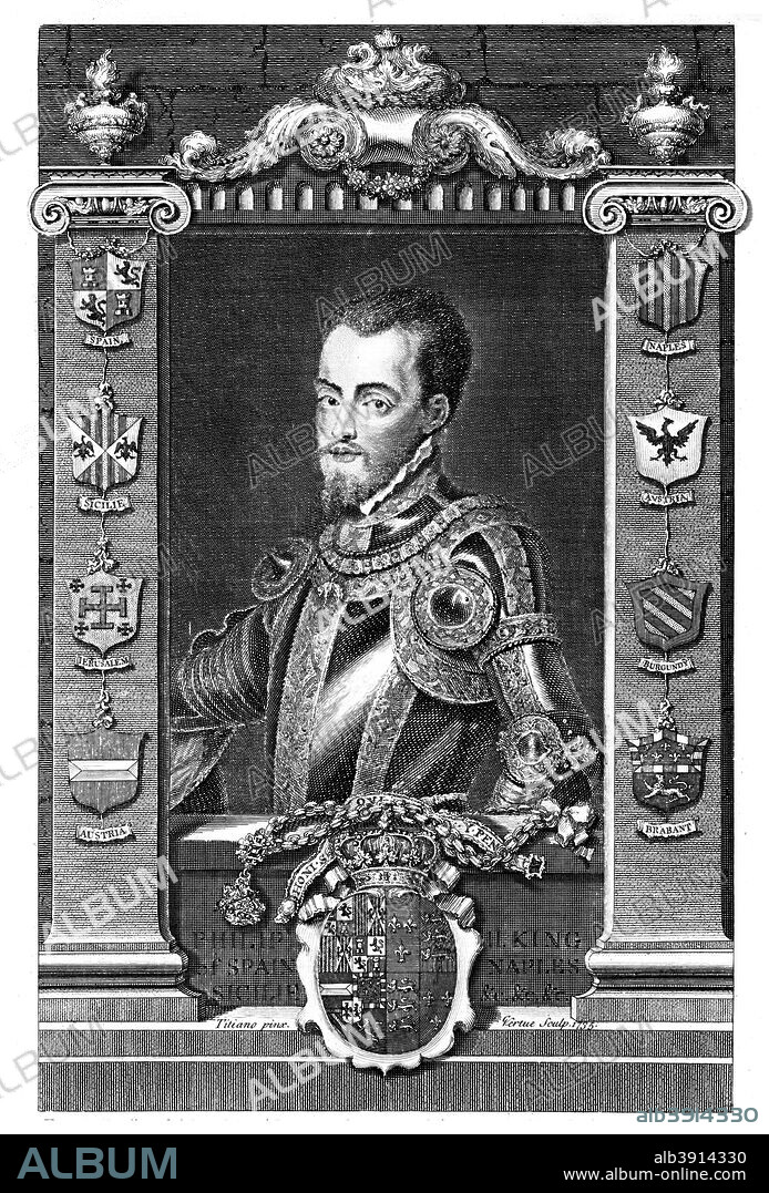 Philip II, King of Spain, (1735). The son of Emperor Charles V (1500-1558) and husband of Mary I (1518-1558) queen of England from 1553, Philip II ascended the Spanish throne in 1556. Philip's reign was characterised by war and religious repression as he zealously pursued the counter-reformation. Spain was embroiled in the rebellion of its Protestant provinces in the Netherlands, and after the execution of Mary Queen of Scots, a 20 year period of war with England began. In 1588, Philip sent the Armada to bring about the invasion of England, but the fleet was destroyed, leading to the abandonment of the planned invasion as well as paving the way for the ultimate success of the Dutch rebellion. During Philip's rule Spain acquired great wealth from its empire in the New World, but much of it was squandered due to high inflation, disastrous economic policies necessitating massive imports and the cost of Philip's wars.  After a portrait by Titian (c1488-1576).
