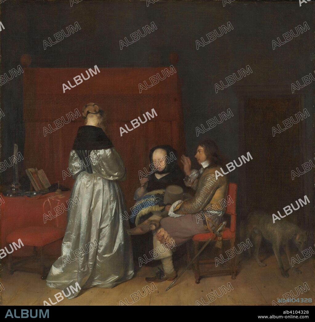 GERARD TER BORCH (II). Gallant Conversation, Known as 'The Paternal Admonition'. Interieur met drie figuren die met elkaar in gesprek zijn; bekend als 'De vaderlijke vermaning'. Dating: c. 1654. Measurements: h 71 cm × w 73 cm; h 85 cm × w 87 cm × t 8.5 cm.