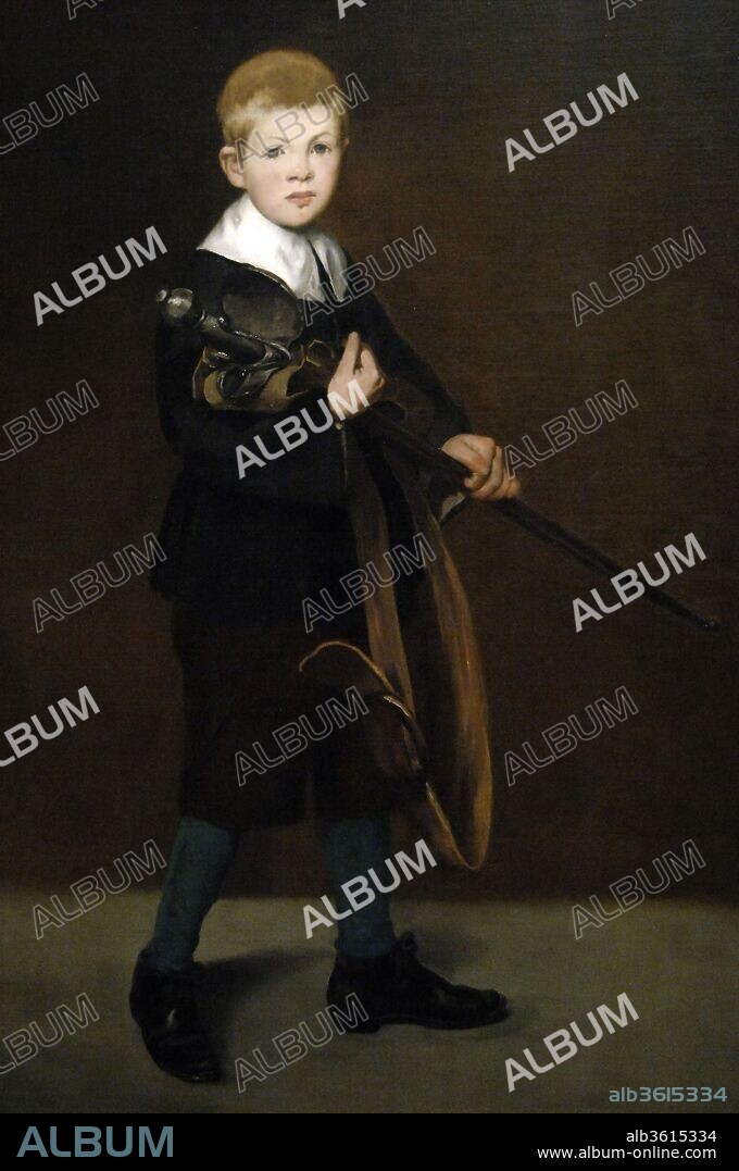 EDOUARD MANET. Boy with a Sword. Artist: Édouard Manet (French, Paris 1832-1883 Paris). Dimensions: 51 5/8 x 36 3/4 in. (131.1 x 93.4 cm). Date: 1861.
Manet's stepson, Léon Koëlla-Leenhoff, recalled that he had posed for this picture in 1861, when he was about ten years old. Manet dressed him in a seventeenth-century costume, adding a period sword as a prop--a tribute to the great Spanish painters he admired, notably Velázquez. Critics reviewed the work favorably on the five occasions that Manet exhibited it between 1862 and 1872. 
In 1889, the New York collector Erwin Davis donated <i>Boy with a Sword and Young Lady in 1866</i> (89.21.3) to the Metropolitan; they were the first works by Manet to enter a museum collection.