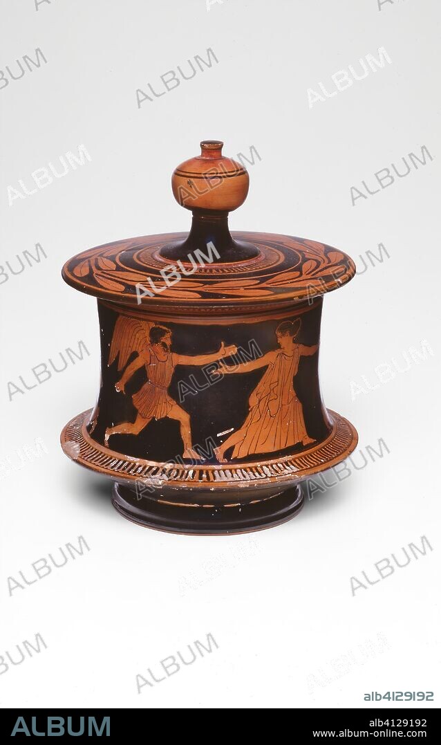 ANCIENT GREEK. Pyxis (Container for Personal Objects). Greek; Athens; Attributed to the Euaion Painter. Date: 450 BC-440 BC. Dimensions: H. 13.2 cm (5 1/4); diam. 10.5 cm (4 1/8 in.). Terra-cotta, decorated in the red-figure technique. Origin: Greece.