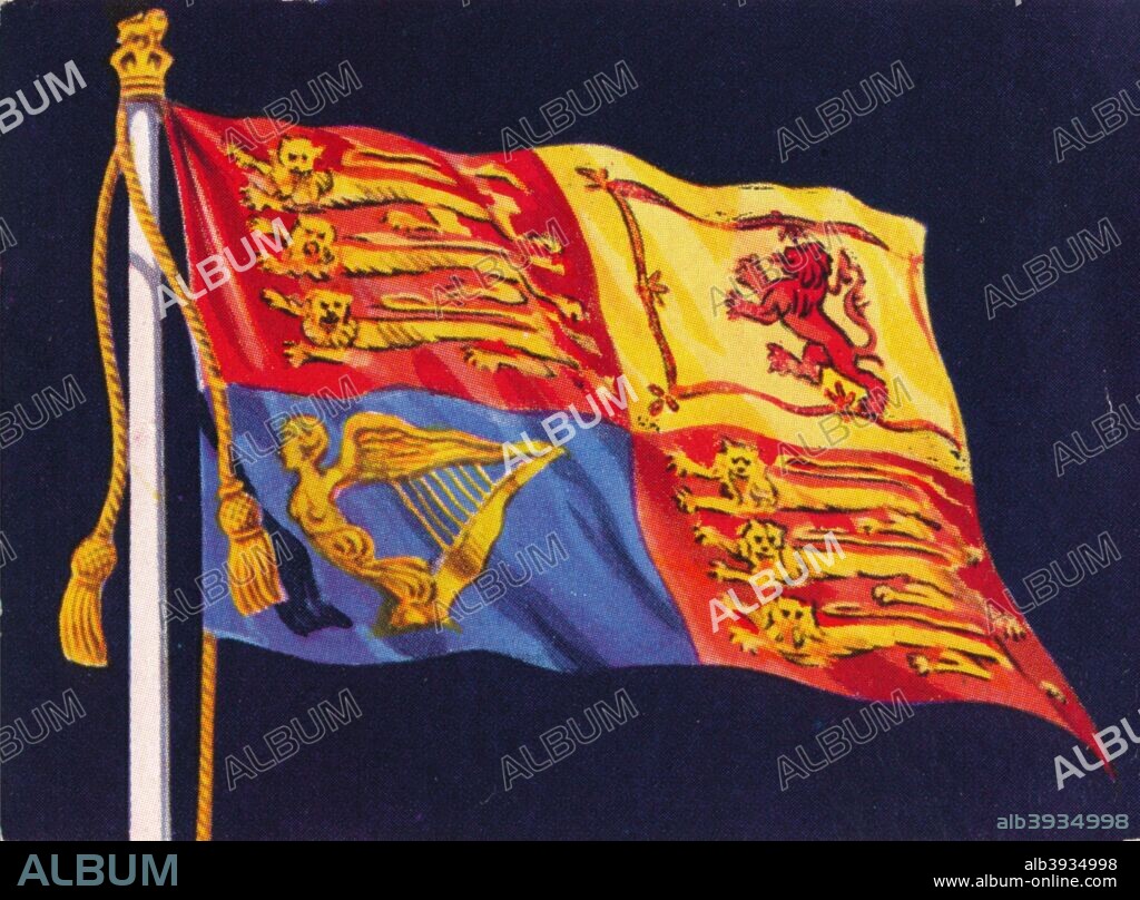 The Royal Standard of the United Kingdom is the flag used by the Sovereign of the United Kingdom and its overseas territories. Different standards are used in the monarch's other realms, the Royal Standard also varies in Scotland. Although almost universally called a standard, such flags when used in the United Kingdom are actually banners of arms. From The Pageant of Kingship cigarette card series, issued by Peter Jackson Ltd., 1937.