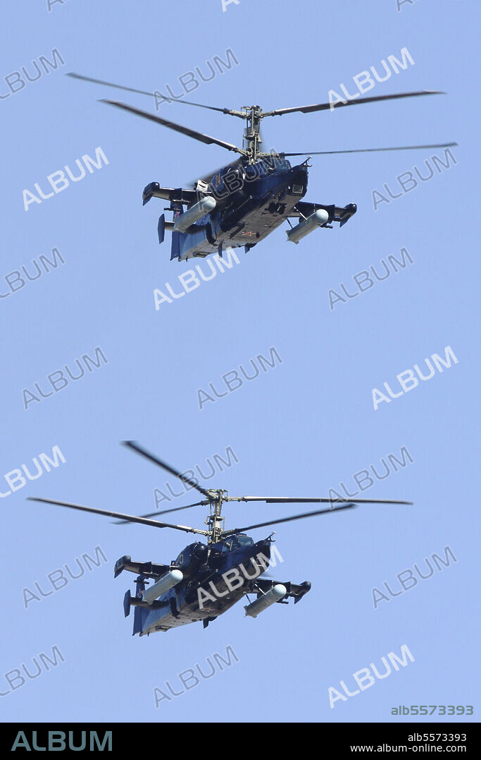 Ka-50 Black Shark attack helicopters of the Russian Air Force during Victory Day parade, Moscow, Russia.