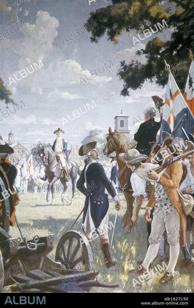 CHARLES C. J. HOFFBAUER. Washington Takes Command at Cambridge (1775) by Charles Constantine Hoffbauer, 1875-1957).