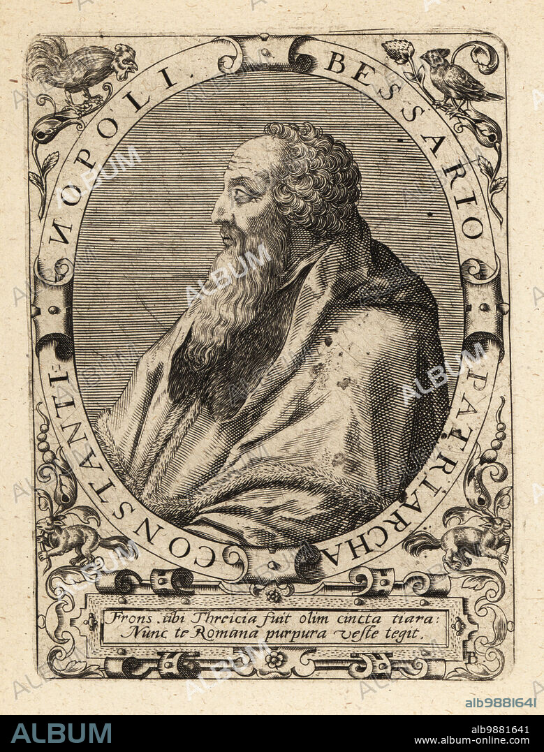 Basilios Bessarion, 1403-1472, Roman Catholic cardinal bishop and Patriarch of Constantinople. Bessario Patriacha Constantinopoli. Copperplate engraving by Johann Theodore de Bry from Jean-Jacques Boissards Bibliotheca Chalcographica, Johann Ammonius, Frankfurt, 1650.
