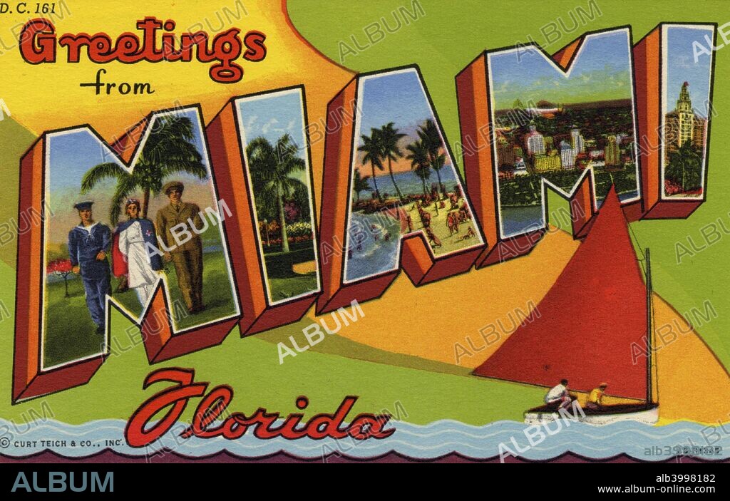 'Greetings from Miami, Florida', postcard, 1942. Vintage linen large letter postcard showing views of Miami in each letter.