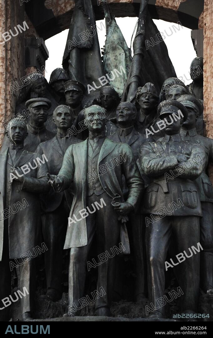 Turkey. Istanbul. Republic Monument, 1928. Designed by Italian sculptor Pietro Canonica. Portrays the founders of the Turkish Republic; Kemal Ataturk, Ismet Inonu and Fevzi Cakmak.
