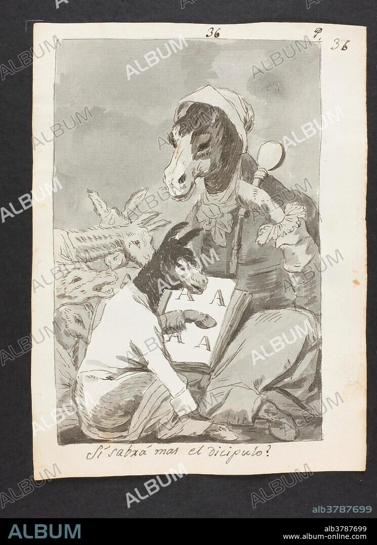 ANÓNIMO. Anónimo (Copia de Goya y Lucientes, Francisco de) / 'Si sabrá mas el discipulo? Capricho 37'. Mediados del siglo XIX. Aguada, Lápiz, Pluma, Tinta china, Tinta agrisada, Tinta ferrogálica sobre papel verjurado, 215 x 150 mm.