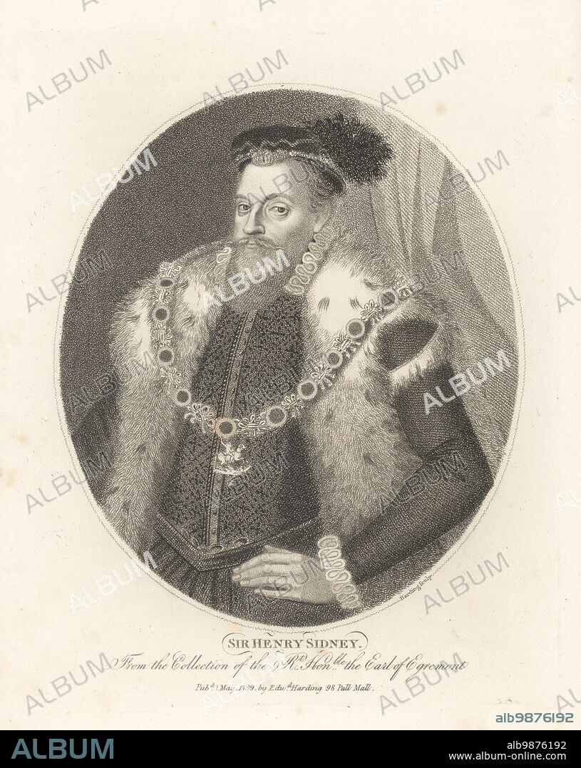 Sir Henry Sidney, Knight of the Garter, Lord Deputy of Ireland, 1529-1586. Courtier to King Edward VI, Queen Mary I and Queen Elizabeth I. Oval portrait wearing a decorated doublet, ermine-trimmed cloak, small ruff, ruffed cuffs, cap with a brush and the collar of St George. From a painting by Arnold Bronckorst in the collection of the Earl of Egremont at Petworth House. Copperplate engraving by Edward Harding from John Adolphus The British Cabinet, containing Portraits of Illustrious Personages, printed by T. Bensley for E. Harding, 98 Pall Mall, London, 1799.