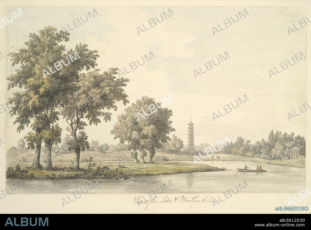 View of the Lake and the Island from the Lawn at Kew. Architect: Sir William Chambers (British (born Sweden), Göteborg 1723-1796 London). Artist: William Marlow (British, Southwark, London 1740/41-1813 Twickenham, London). Dimensions: Sheet: 11 3/16 x 17 13/16 in. (28.4 x 45.2 cm). Date: 1763.
This delicate watercolor depicts a view in the Royal Botanic Garden of Kew (near London), designed by the celebrated eighteenth-century English architect William Chambers. This sheet is bound in an album containing the original drawings later published in print form as Plans, Elevations, Sections and Perspective Views of the Gardens and Buildings of Kew in Surrey, the Seat of Her Royal Highness, the Princess Dowager of Wales (London, 1763). This work illustrates sections of the garden and numerous structures at Kew, including a mosque, a classical rotunda, and a Chinese pagoda, demonstrating the fascination for eclecticism in garden art at this time. The soft undulating shape of the lake and its surrounding lawns is combined with the crisp silhouette of the Chinese pagoda as distant focal point, and the view expresses essential qualties of the English landscape garden, so admired and imitated on the continent.