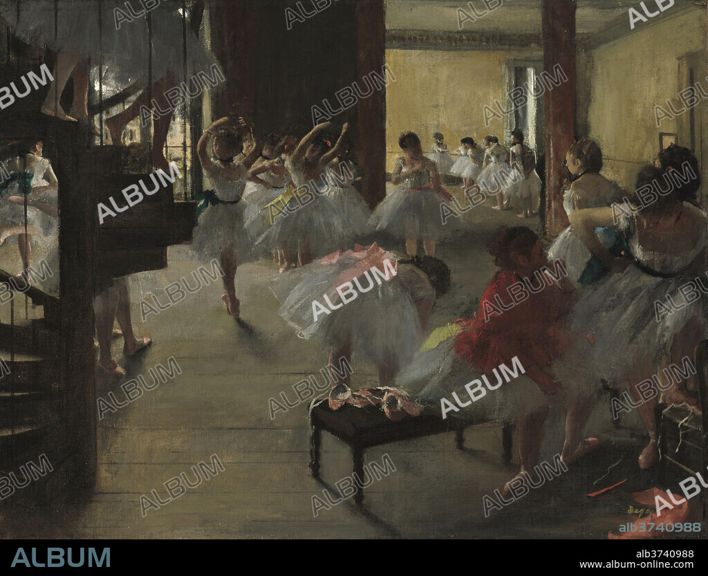 HILAIRE-GERMAIN-EDGAR DEGAS. The Dance Class. Dated: c. 1873. Dimensions: overall: 47.63 × 62.23 cm (18 3/4 × 24 1/2 in.)  framed: 72.39 × 87.63 × 9.53 cm (28 1/2 × 34 1/2 × 3 3/4 in.). Medium: oil on canvas.