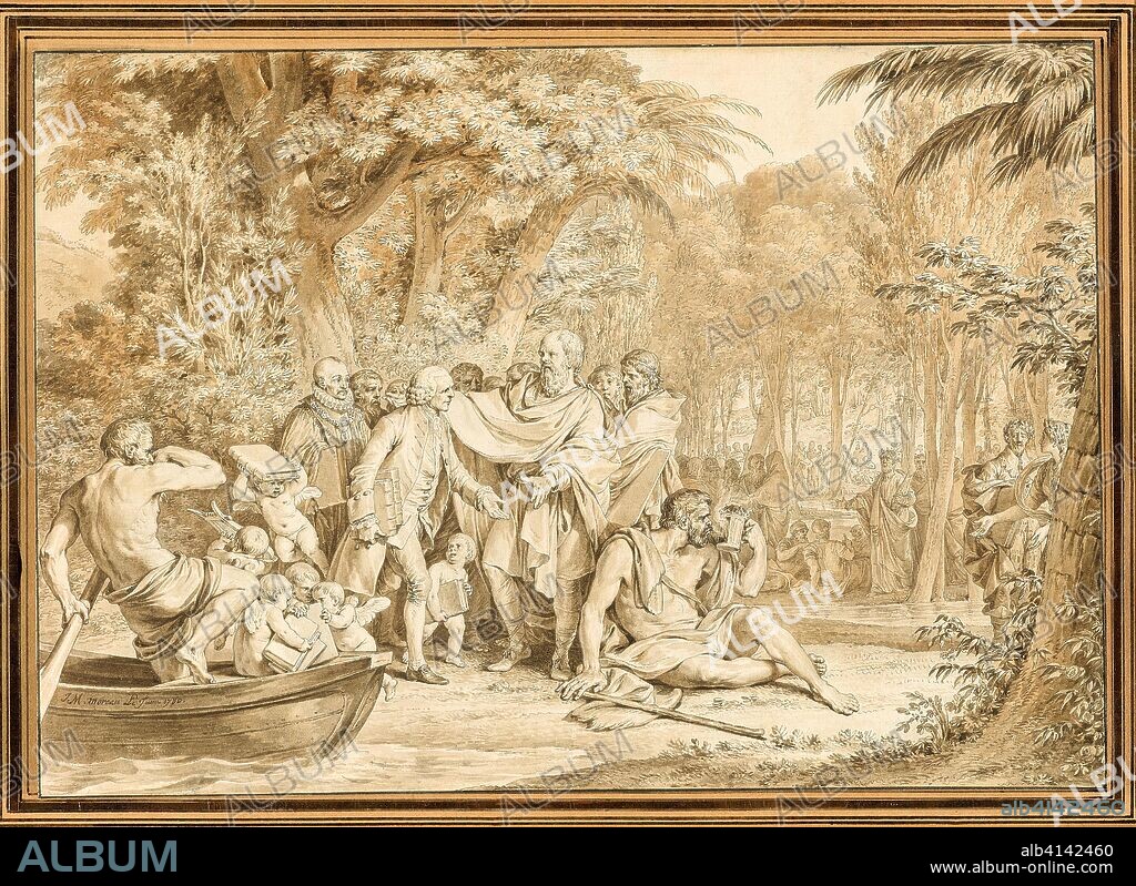 THE YOUNGER JEAN MICHEL MOREAU. The Arrival of Jean-Jacques Rousseau to the Champs-Élysées. Jean Michel Moreau; French, 1741-1814. Date: 1780. Dimensions: 232 × 330 mm (primary support); 325 × 429 mm (secondary support). Pen and black ink, brush and brown wash and pale orange wash, on cream laid paper, prepared with a white gouache ground, laid down on off-white wove paper. Origin: France.